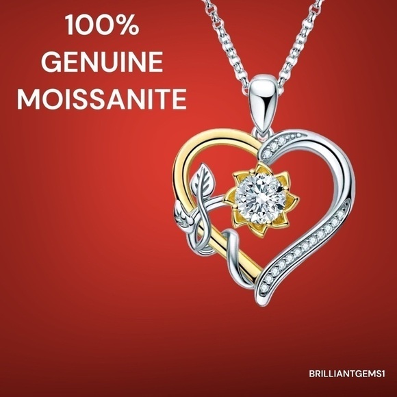 💎228💎 1 CT DIAMOND MOISSANITE 925 SILVER HEART SUNFLOWER PENDANT NECKLACE - Picture 1 of 13